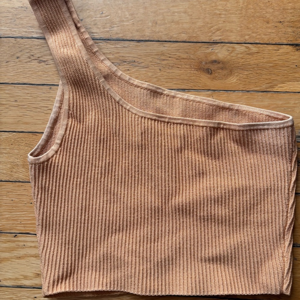 Babaton Ribbed One-Shoulder Crop Top in Tan